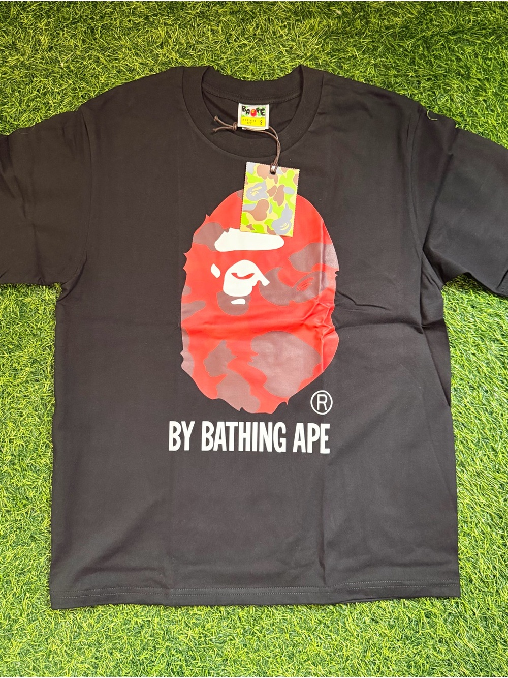 Bape Black Tee with Red Ape Head and Multicolor Camo Tag